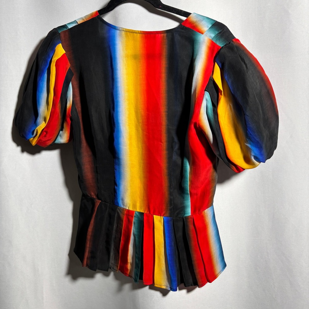 Katharine Kidd Rainbow Ombre Silk Peplum Top V Neck Puff Sleeve Colorful Crop S - Picture 2 of 8